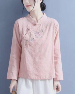 (3XL, pink) 2025 Women's Autumn Embroidered Stand-up Collar Long-sleeve Cotton Linen Top - Chinese Retro Style