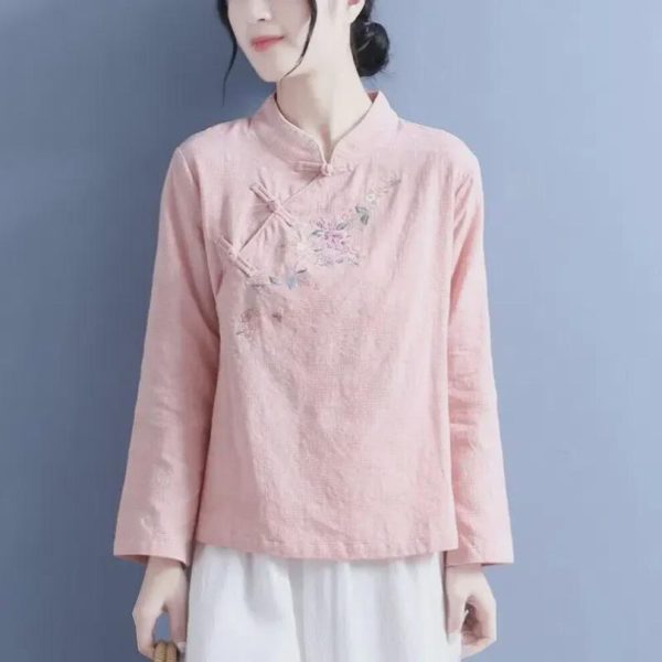 (3XL, pink) 2025 Women's Autumn Embroidered Stand-up Collar Long-sleeve Cotton Linen Top - Chinese Retro Style