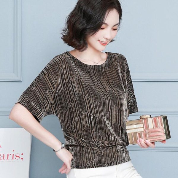 (4XL, gold) Red Golden Shine Women Blouses Glitter Loose Short Sleeve Shirt Tops Fashion Elegant Shiny Sequin Tunic Ladies Blouse