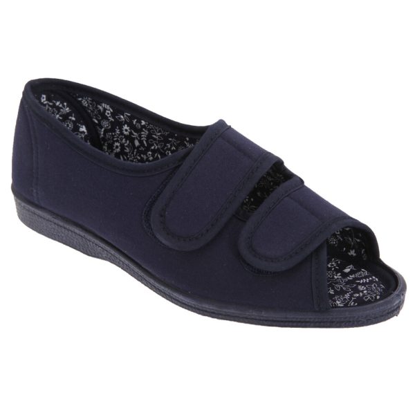 (6 UK, Navy Blue) San Diego Womens/Ladies Wide Fit Cotton Twin Touch Fastening Peep Toe Casual Shoes