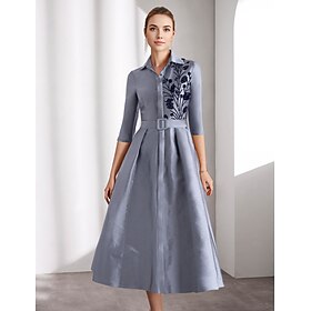 A-Line Cocktail Dresses Elegant Dress Formal Ankle Length 3/4 Length Sleeve Shirt Collar Belt / Sash Satin with Glitter Beading Derby Dresses 2025