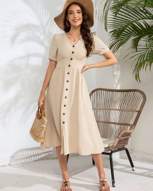 A-Line Dress Short Sleeves Buttons V-Neck Summer Casual Midi Dresses