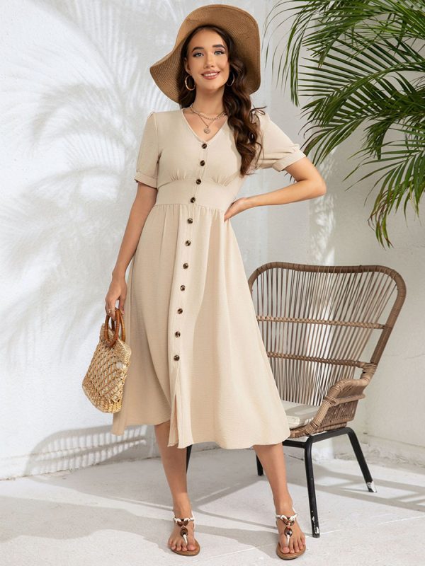 A-Line Dress Short Sleeves Buttons V-Neck Summer Casual Midi Dresses