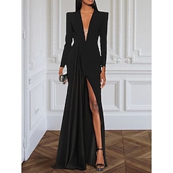 A-Line Evening Gown Elegant Black Champagne Dress Tuxedo Dress Plus Size Dress Formal Sweep / Brush Train Long Sleeve V Neck Stretch Fabric with Pleats Slit Masquerade Dress dress to impress
