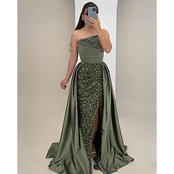 A-Line Mermaid / Trumpet Evening Gown Elegant Dress Formal Wedding Floor Length Sleeveless Strapless Champagne Mother Of the Bride Dress Satin with Rhinestone Glitter Ruched 2025
