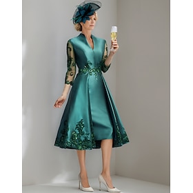 A-Line Mother of the Bride Dress Elegant Vintage V Neck Tea Length Satin 3/4 Length Sleeve with Lace Solid Color 2025 free custom size