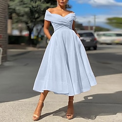 A-Line Prom Dresses Vintage Dress Wedding Guest Summer Tea Length Sleeveless Off Shoulder Organza Backless with Ruched Dresses