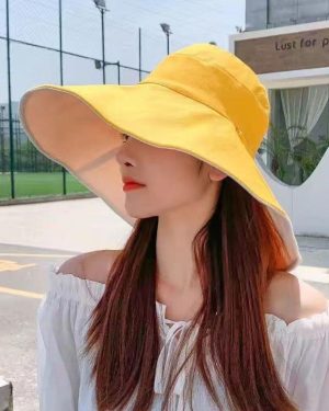 (A4) Wide Brim Sun Hat Women Anti-Uv Protection Hiking Fisherman Cap Fold Summer Solid Beach Hat Double Sided Sun Hat
