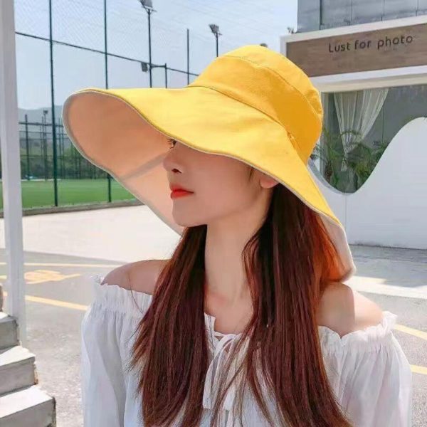 (A4) Wide Brim Sun Hat Women Anti-Uv Protection Hiking Fisherman Cap Fold Summer Solid Beach Hat Double Sided Sun Hat