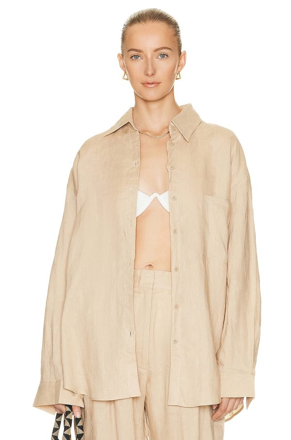 AEXAE Linen Woven Shirt in Beige - Beige. Size M (also in S, XS).