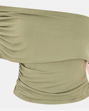 AX Paris One Shoulder Bardot Ruched Side Crop Top - Green
