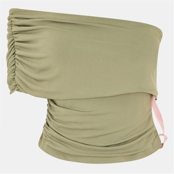 AX Paris One Shoulder Bardot Ruched Side Crop Top - Green