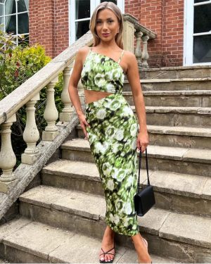 AX Paris Printed Asymmetric Cut Out Midi Dress - Green