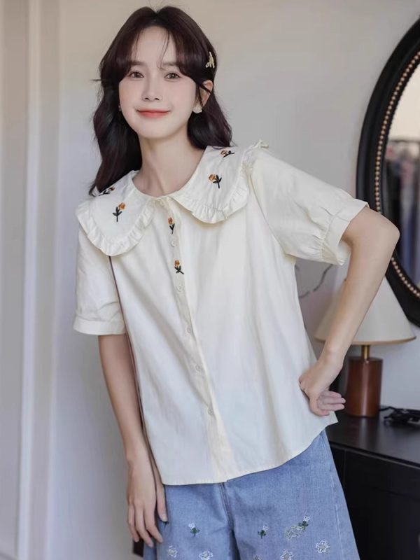 Academic Lolita Blouses Ruffles Embroidered Short Sleeves Blouse Lolita Top White Lolita Shirt