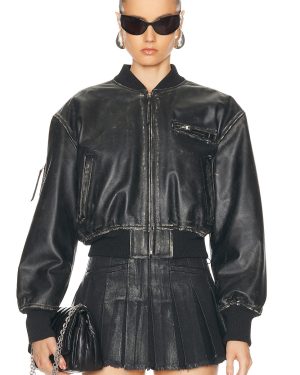 Acne Studios Cropped Leather Jacket in Black - Black. Size 42 (also in ).