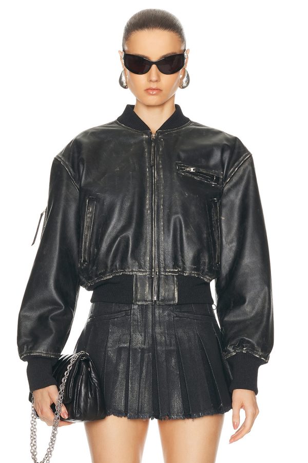 Acne Studios Cropped Leather Jacket in Black - Black. Size 42 (also in ).