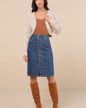 Admirable Attitude Medium Wash Denim Button-Front Midi Skirt