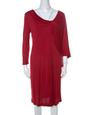 Alberta Ferretti Red Silk Jersey Asymmetric Batwing Sleeve Dress M