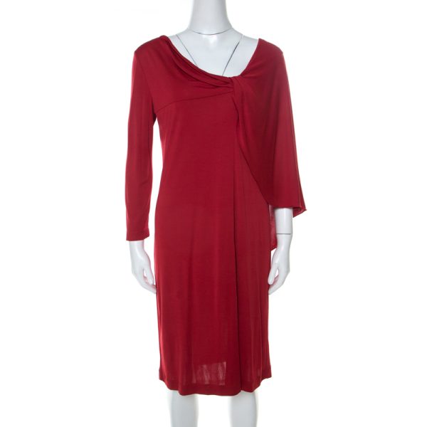 Alberta Ferretti Red Silk Jersey Asymmetric Batwing Sleeve Dress M