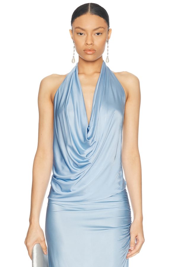 Alejandra Alonso Rojas Draped Halter Blouse in Sky Blue - Baby Blue. Size 10 (also in ).