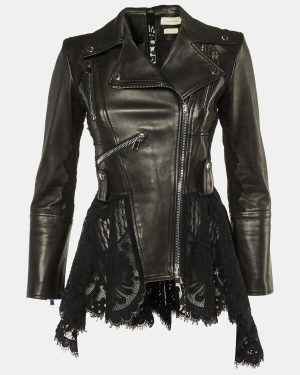 Alexander McQueen Black Leather & Lace Peplum Jacket S