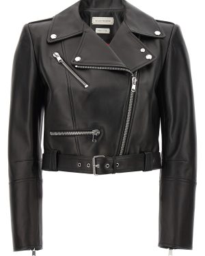 Alexander McQueen Cropped Biker Jacket With Matching Belt In Smooth Leather