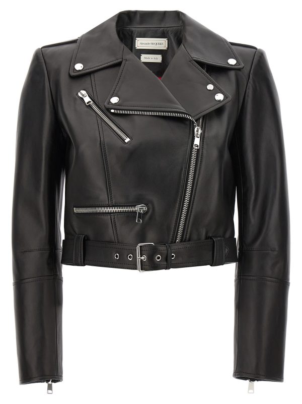 Alexander McQueen Cropped Biker Jacket With Matching Belt In Smooth Leather