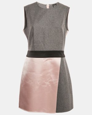 Alexander McQueen Grey/Pink Wool Blend and Satin Sleeveless Mini Dress M