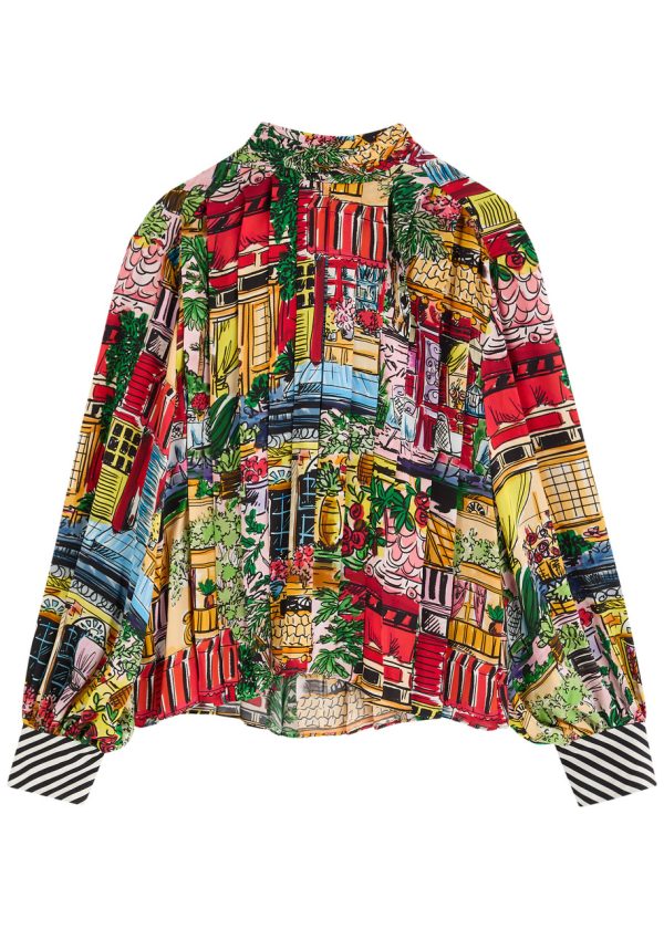Alice + Olivia Gertrude Printed Pleated Matte Satin Blouse - Multicoloured 1 - XS (UK6 /xs)