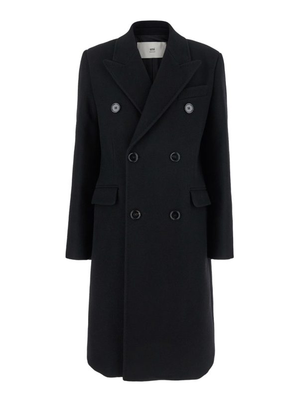 Ami Alexandre Mattiussi Black Double-breasted Coat With Peak Revers In Wool Woman