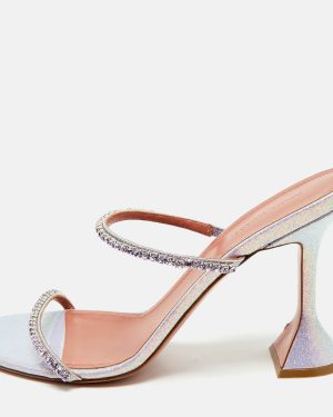 Amina Muaddi Lilac Glitter Patent Leather Gilda Crystals Slide Sandals Size 40.5