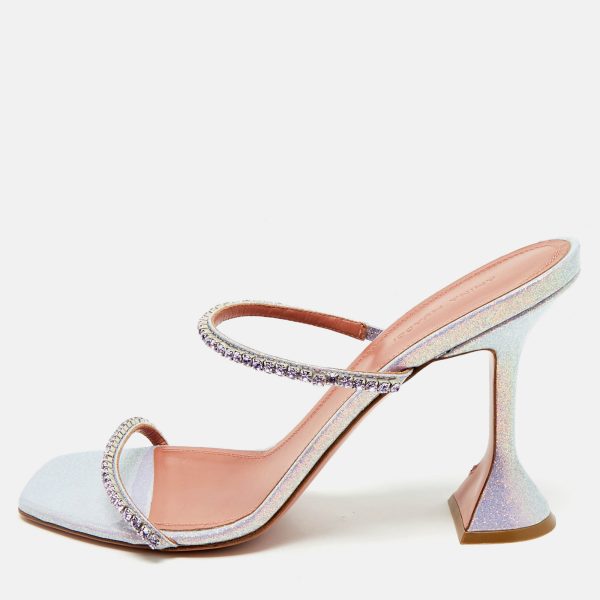 Amina Muaddi Lilac Glitter Patent Leather Gilda Crystals Slide Sandals Size 40.5