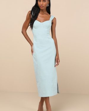 Amyra Light Blue Cap Sleeve Bustier Midi Dress