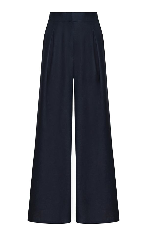 Andres Otalora - Una Metafora Pleated Linen Flared Pants - Navy - US 0 - Moda Operandi