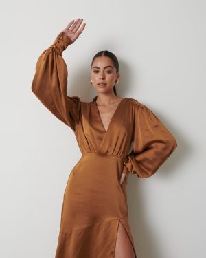 Annalise Backless Balloon Sleeve Satin Dress - Ginger, 26