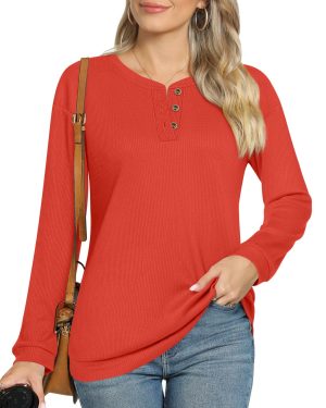 Anyally Women's Waffle Knit Tunic Tops Loose Long Sleeve 2XL Red