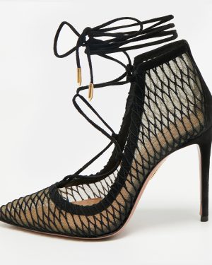 Aquazzura Black Suede and Mesh Ankle Tie Boots Size 36