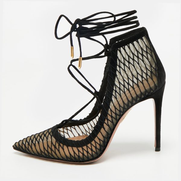Aquazzura Black Suede and Mesh Ankle Tie Boots Size 36