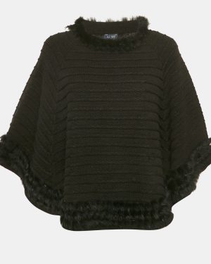 Armani Jeans Black Rabbit Fur Trim Knit Poncho S