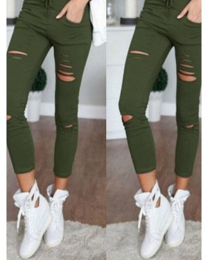 (Army Green, 3XL) Women Causal Holes High Waist Loose Solid Skinny Jeans
