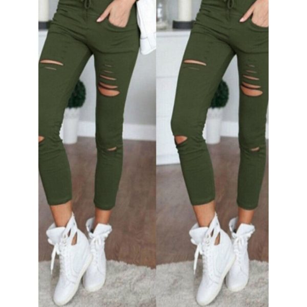 (Army Green, 3XL) Women Causal Holes High Waist Loose Solid Skinny Jeans