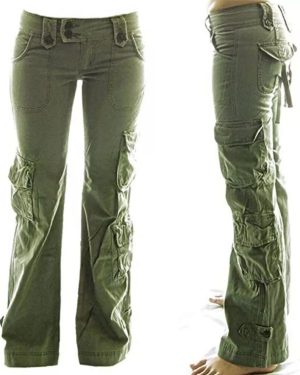 (Army Green, UK Size 10=M) Women Combat Cargo Wide Leg Pants Casual Multi Pocket Hippy Trousers Bottoms 16