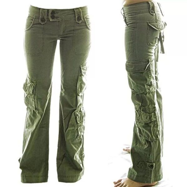 (Army Green, UK Size 10=M) Women Combat Cargo Wide Leg Pants Casual Multi Pocket Hippy Trousers Bottoms 16