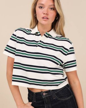 Astute Cutie White Striped Collared Cropped Polo Top