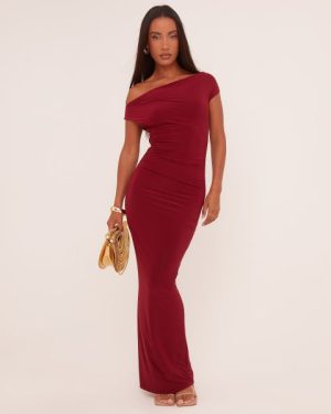 Asymmetric One Shoulder Ruched Detail Maxi Dress In Wine Slinky, Women's Size UK 6