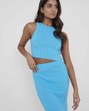 Auden Rib Knit Crop Top - Aqua Blue, L
