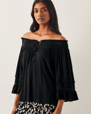 Ava Off-The-Shoulder Smock Top Black