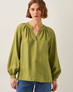Aya Long Sleeve Satin Blouse Green
