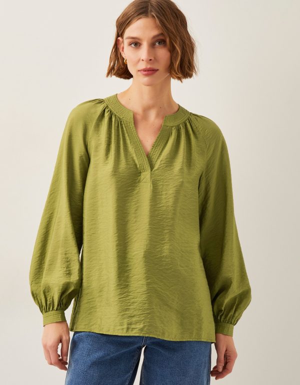 Aya Long Sleeve Satin Blouse Green