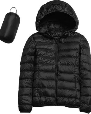 (B-black, Medium) Womens Casual Lightweight Hooded Down Jacket Packable Puffer Coats Ultra Light Weight Short Down Jacket With Storage Bag
